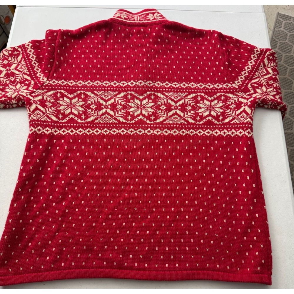 Lands End Mens M 38-40 Fair Isle Nordic Sweater Red Cream 1/4 Zip 100% Cotton - Picture 10 of 11